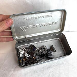Sewing Machine Accessories w Vintage Metal Tin Presser Feet Bobbin Brush Bobbins